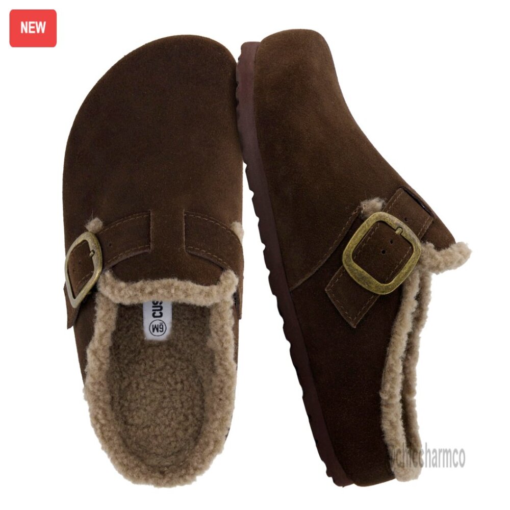 Genuine Leather Clogs With Faux Fur Lining, Cork Footbed, Adjustable Buckle